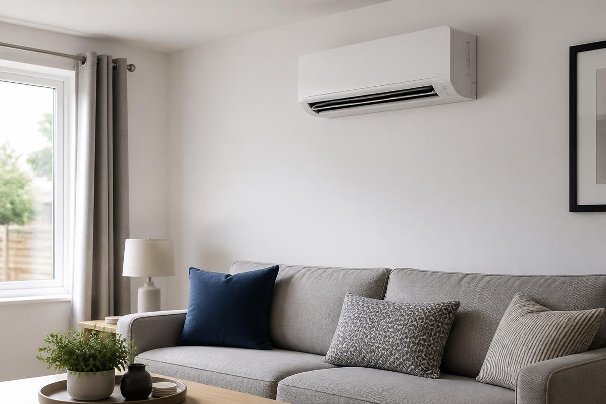 Wall mounted air conditioning unit fitted high on a living room wall above a sofa
