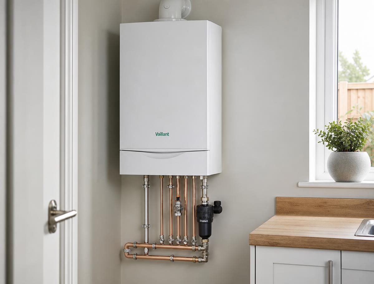 Vaillant combi boiler installed with tidy copper pipework and a magnetic filter